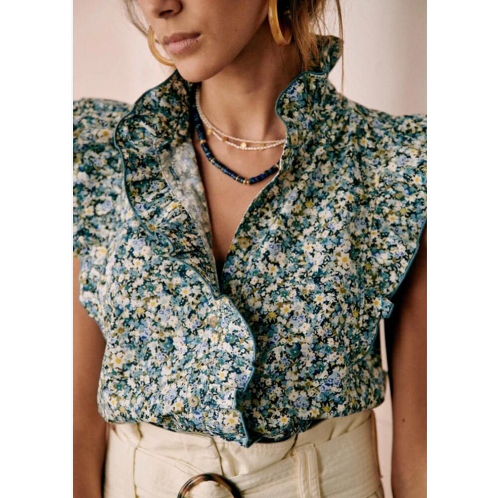 Sézane Blue Green Floral Ruffle Sleeveless Blouse